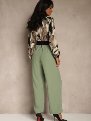 Zielono-Beżowy Kopertowy Kombinezon z Paskiem i Szerokimi Spodniami Nittama rosa