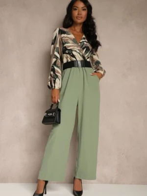 Zielono-Beżowy Kopertowy Kombinezon z Paskiem i Szerokimi Spodniami Nittama rosa