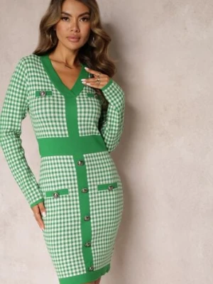 Zielono-Biała Dzianinowa Sukienka Mini w Kratę Zelibra foresta bella