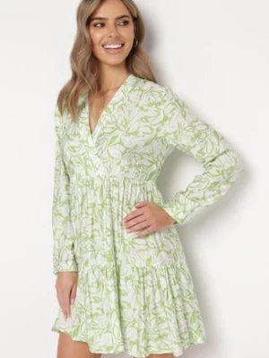 Zielono-Biała Sukienka Mini Rozkloszowana Ozdobiona Motywem Liści z Falbanką Eralia rosa