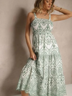 Zielono-Biała Sukienka z Bawełny z Haftowanym Wzorem Sadiralle rosa