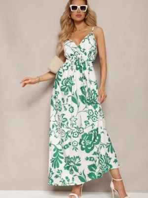 Zielono-Biała Sukienka z Gumkami na Plecach Ściągana w Talii z Regulowanymi Ramiączkami Falora h&s