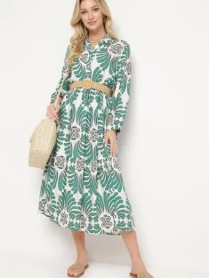 Zielono-Biała Sukienka z Wiskozy z Podpinanymi Rękawami Zapinana na Guziki z Falbanką Kiosara