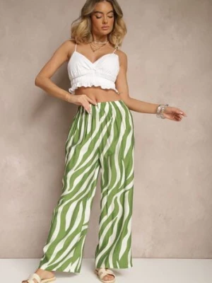 Zielono-Białe Spodnie o Szerokim Kroju High Waist Ozdobione Paskami Lisamelia