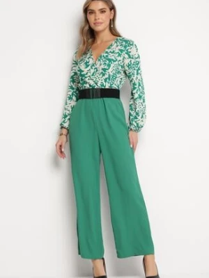 Zielono-Biały Kombinezon z Paskiem Góra w Print i Trójkątny Dekolt Hamiora rosa