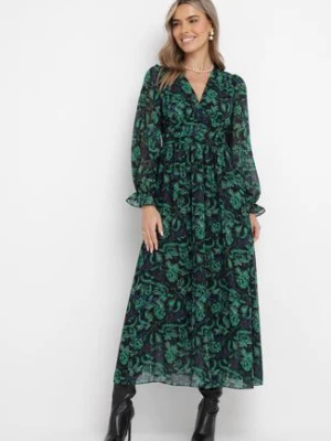 Zielono-Czarna Maxi Sukienka z Kopertowym Dekoltem w Modny Print Ceconna