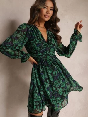 Zielono-Czarna Rozkloszowana Sukienka Mini w Kwiaty Brendara retro & icone