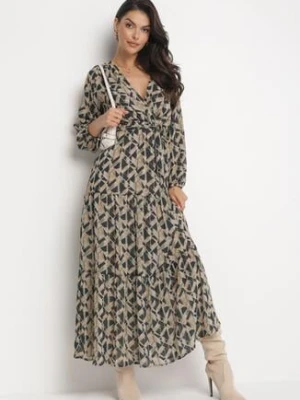 Zielono-Czarna Sukienka Kopertowa z Gumką w Talii Moshei rosa