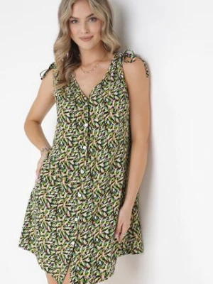 Zielono-Czarna Trapezowa Sukienka z Wiskozy ze Ściągaczami na Ramionach Dorthi cflo