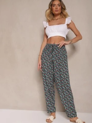 Zielono-Czarne Spodnie z Wiskozy High Waist w Kwiatowy Wzór Liosena j&x