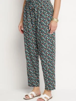 Zielono-Czarne Wiskozowe Spodnie z Wysokim Stanem w Kwiaty Liorelle j&x