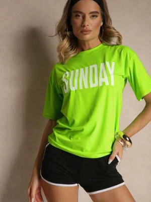 Zielono-Czarny Komplet T-shirt z Nadrukiem i Szorty w Sportowym Stylu Aravire