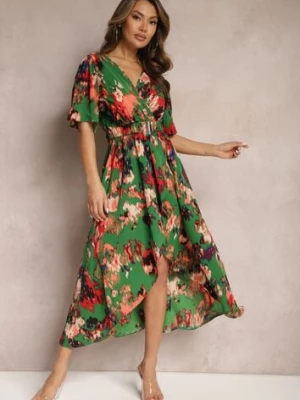 Zielono-Czerwona Asymetryczna Sukienka z Gumką w Pasie i Kopertowym Dekoltem Perlana wei wei