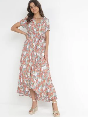 Zielono-Czerwona Wiskozowa Sukienka Midi z Gumką w Pasie i Falbankami Amili rosa