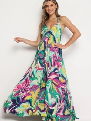 Zielono-Fioletowa Rozkloszowana Sukienka z Wiskozy z Odcięciem pod Biustem Wiązana na Szyi i Plecach Nividia