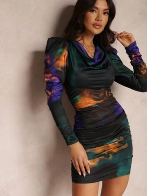 Zielono-Fioletowa Sukienka Tie-Dye z Bufiastym Rękawem Arona allyson