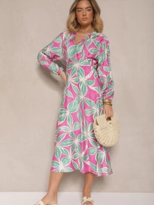 Zielono-Fuksjowa Kopertowa Sukienka z Wiskozy w Kwiaty Frolhiria retro & icone