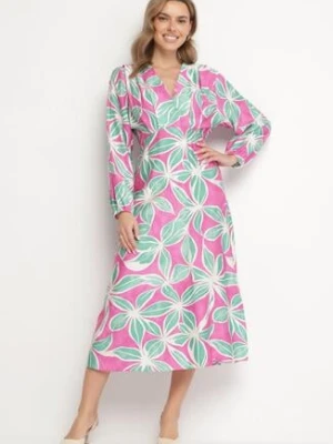 Zielono-Fuksjowa Kwiatowa Wiskozowa Sukienka z Kopertowym Dekoltem Selliora retro & icone