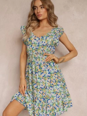 Zielono-Granatowa Bawełniana Sukienka Mini z Gumką w Talii w Kwiaty Ariellia generation