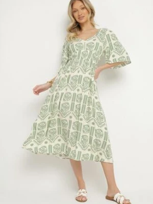 Zielono-Kremowa Sukienka Wiskozowa Rozkloszowana z Odkrytymi Plecami w Print Boho Turaisa h&s