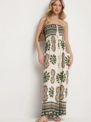 Zielono-Kremowy Kombinezon Bez Rękawów z Szeroką Nogawką w Ornamentalny Wzór Mirionia h&s