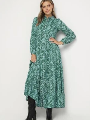 Zielono-Niebieska Sukienka Koszulowa w Ornamentalny Wzór Midis rosa