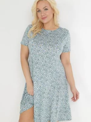 Zielono-Niebieska Trapezowa Sukienka Mini w Kwiatowy Wzór Aganis sweet&girl