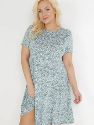 Zielono-Niebieska Trapezowa Sukienka Mini w Kwiatowy Wzór Aganis sweet&girl