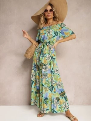 Zielono-Niebieska Wiskozowa Sukienka o Rozkloszowanym Kroju z Paskiem w Talii w Kwiatowy Print Rosubia j&x