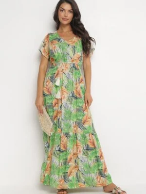 Zielono-Pomarańczowa Wiskozowa Maxi Sukienka w Kwiaty Wiązana Sznurkiem Asmenna rosa