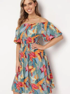 Zielono-Pomarańczowa Wiskozowa Rozkloszowana Sukienka z Bufiastymi Rękawami i Elastyczną Gumką w Talii Biatala cflo