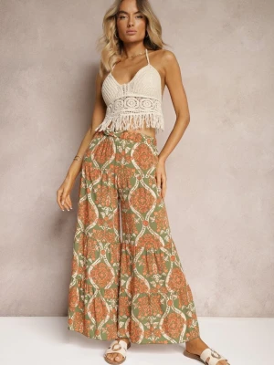 Zielono-Pomarańczowe Spodnie z Wiskozy z Szerokimi Nogawkami High Waist Wykończone Gumką w Talii Risettasmi Cflo