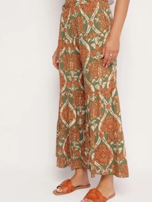 Zielono-Pomarańczowe Szerokie Wiskozowe Spodnie z Wysokim Stanem i Gumką w Talii Risettesna cflo