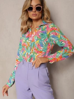 Zielono-Różowa Koszula o Klasycznym Kroju we Florystyczny Print Ationama cflo