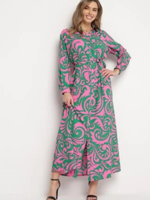Zielono-Różowa Koszulowa Sukienka Maxi z Materiałowym Paskiem w Abstrakcyjne Wzory Terins cflo
