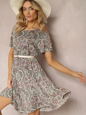 Zielono-Różowa Krótka Sukienka w Stylu Boho z Elastycznej Wiskozy z Krótkimi Rękawami Ailoni sweet&girl