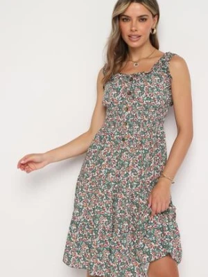 Zielono-Różowa Rozkloszowana Sukienka z Bawełny Wykończona Gumką w Talii Nelaris