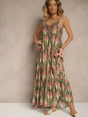 Zielono-Różowa Sukienka w Stylu Boho z Cienkimi Regulowanymi Ramiączkami Tosena