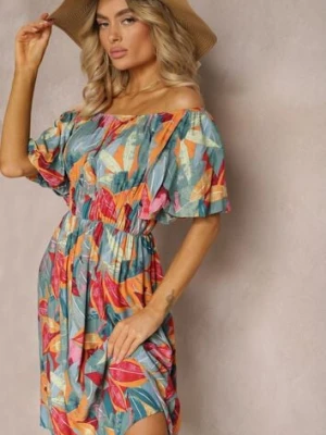 Zielono-Różowa Sukienka z Wiskozy z Gumką w Talii Ozdobiona Bufiastymi Rękawami Kiozara cflo