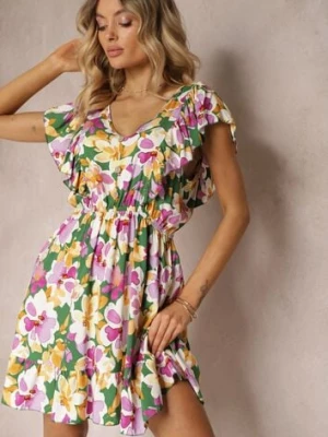 Zielono-Różowa Taliowana Bawełniana Sukienka w Kwiaty z Falbanami przy Ramionach z Gumką w Talii Nelova defox