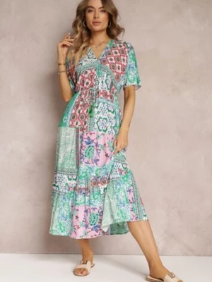 Zielono-Różowa Wiskozowa Sukienka Midi w Kwiaty z Gumką w Pasie Roslyna cflo