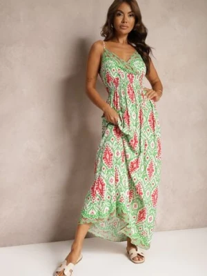 Zielono-Różowa Wiskozowa Sukienka na Ramiączkach z Gumką w Pasie Andadea cflo