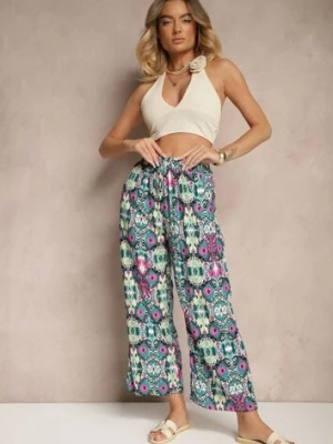 Zielono-Różowe Bawełniane Spodnie High Waist Szerokie we Wzór Boho Tolioria