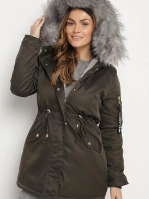 Zielono-Szara Kurtka Parka z Futerkowym Odpinanym Zdobieniem przy Kapturze Inellae swest