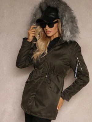 Zielono-Szara Kurtka Parka z Kapturem i Futrzanym Obszyciem z Możliwością Odpięcia Inaveira swest