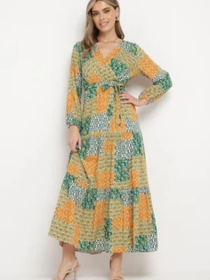 Zielono-Żółta Wiskozowa Sukienka z Kopertowym Dekoltem z Gumką w Pasie i Materiałowym Paskiem Fulina rosa