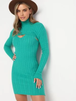 Zielony 2-częściowy Komplet Dzianinowy z Sukienką i Krótkim Swetrem Okiuna