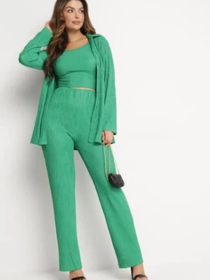 Zielony 3-częściowy Komplet Casual z Plisowanej Tkaniny Spodnie Top i Koszula Farella