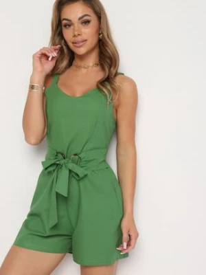 Zielony Bawełniany Kombinezon na Regulowanych Ramiączkach z Paskiem w Talii Telnea rosa