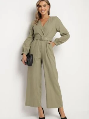 Zielony Bawełniany Kombinezon o Kopertowym Kroju z Paskiem i Gumką w Talii Mirrira rosa